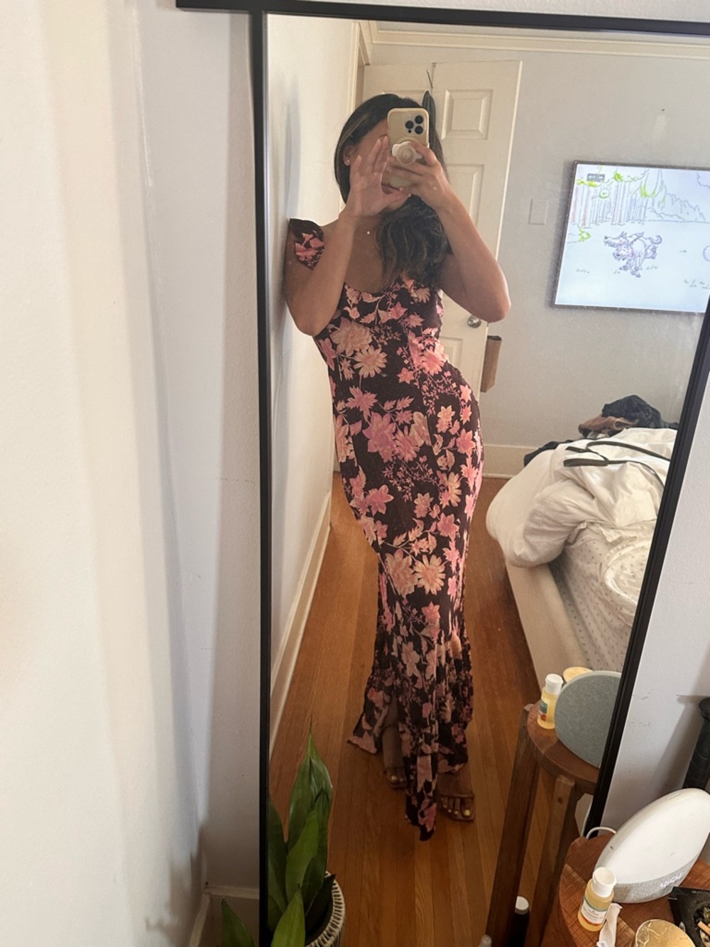 Pink Floral Ruffle Strap Maxi Dress